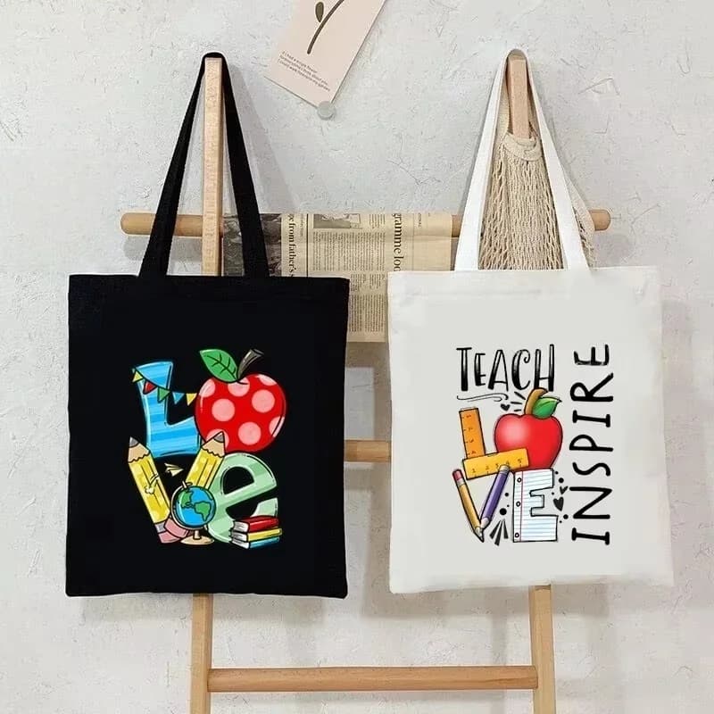 Women Canvas Shoulder Bag Teach Love Inspire Print Apple Graphics Handbag Ladies Casual Tote Bag Fashion Teacher Shopping Bag