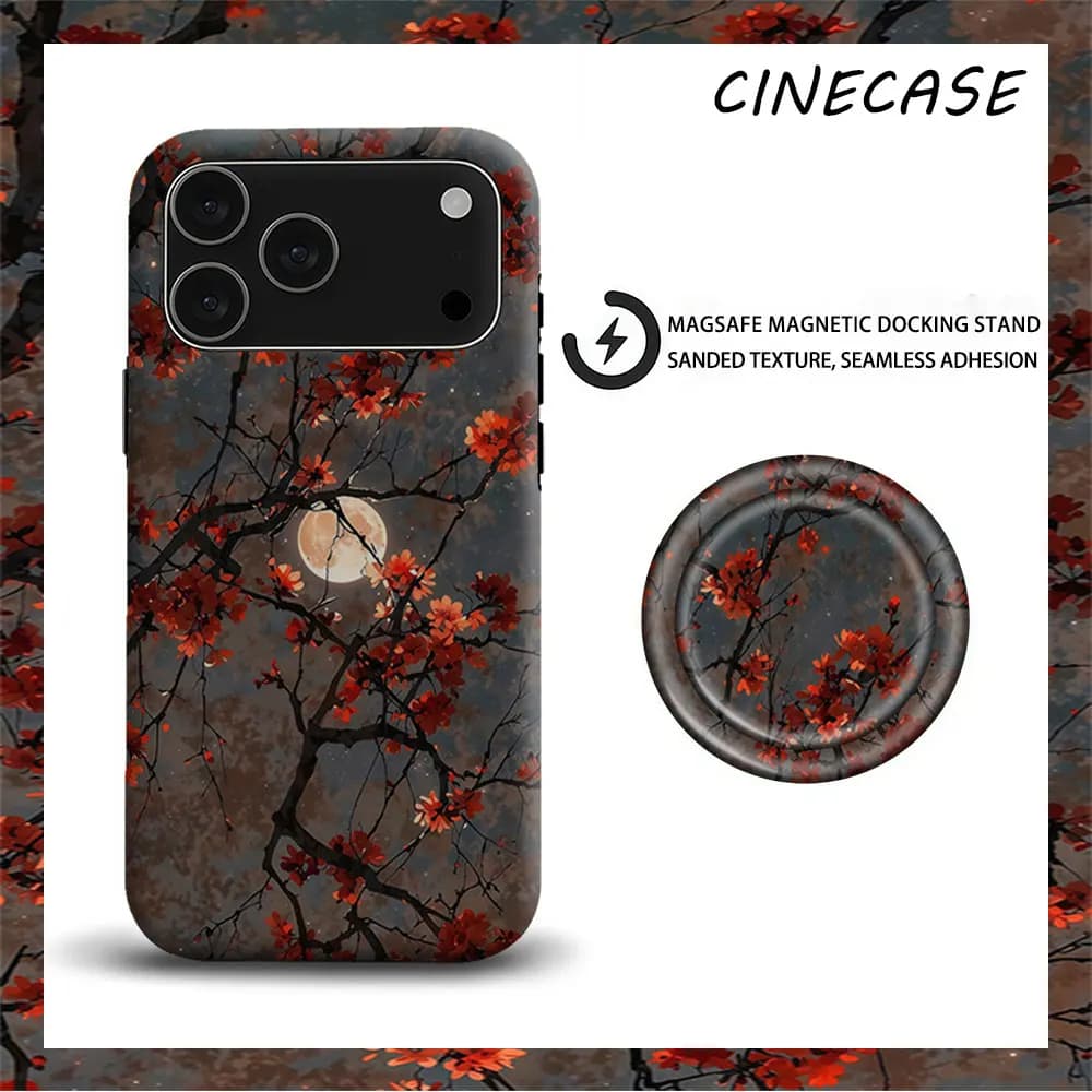 Custodia per telefono Cine Red Cherry Blossom Branches 2-in-1 opaca per MagSafe con PopSocket Grip Bumper abbinato per iPhone 17 16 15 Pro Max