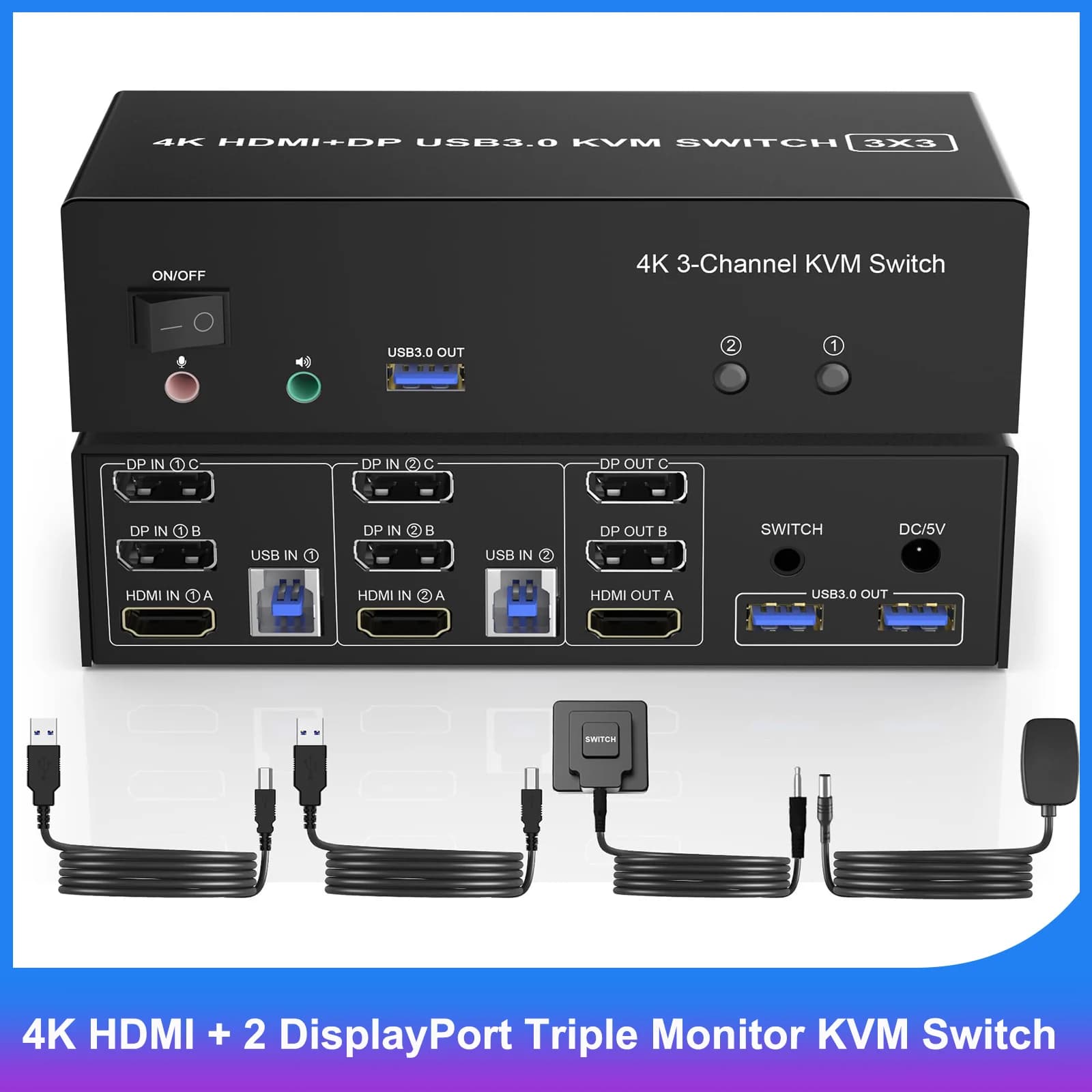 HDMI + 2 Displayport USB 3.0 KVM Switch Monitor triplo per 2 computer 3 Monitor, Switch KVM 4K @ 60Hz con microfono Audio
