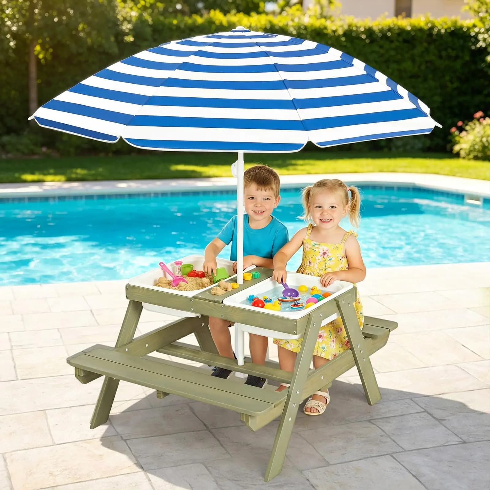 Tavolo da picnic in legno 4 in 1 – Tavolo sensoriale per bambini con sabbia e acqua, con ombrellone resistente alle intemperie, 2 contenitori coperti, per bambini piccoli, B