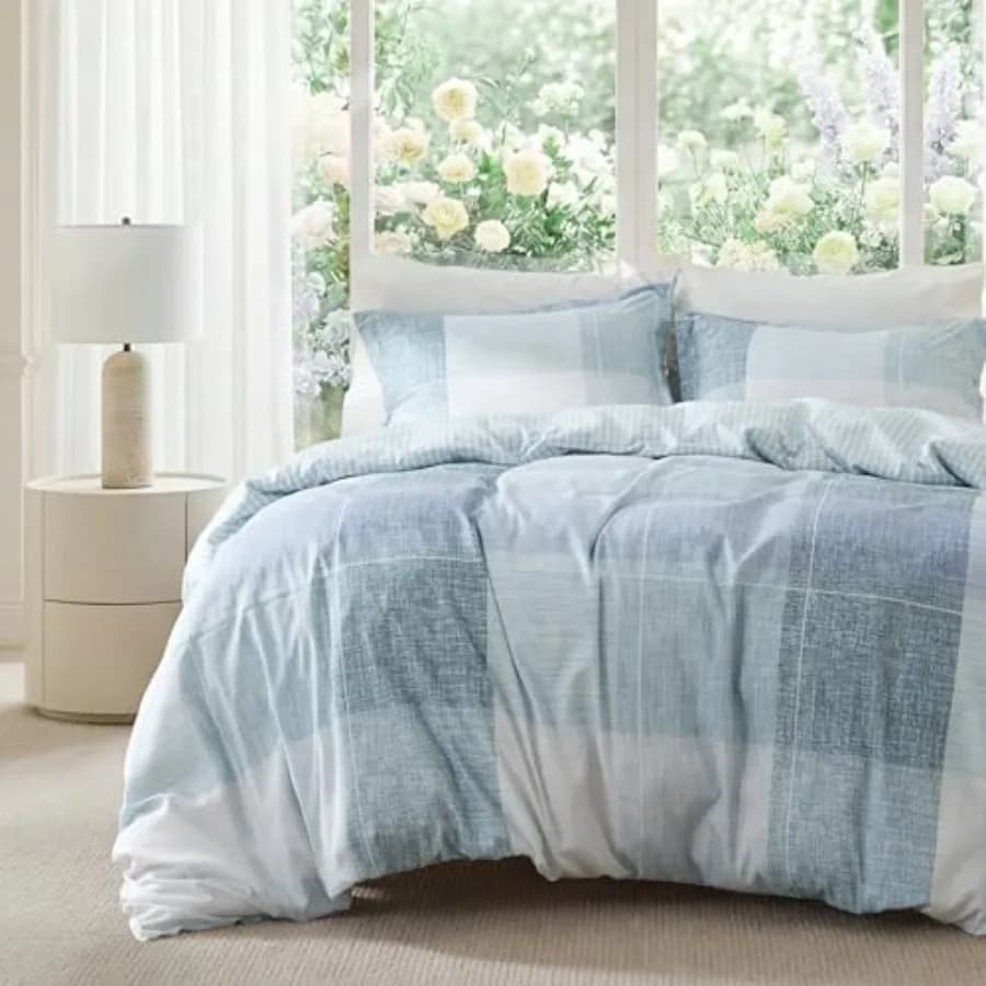 Duvet Cover Queen Size - Gingham Reversible Buffalo Plaid Duvet Cover Set with Zipper Closure, 3 Pieces Blue Bedding Set with 8