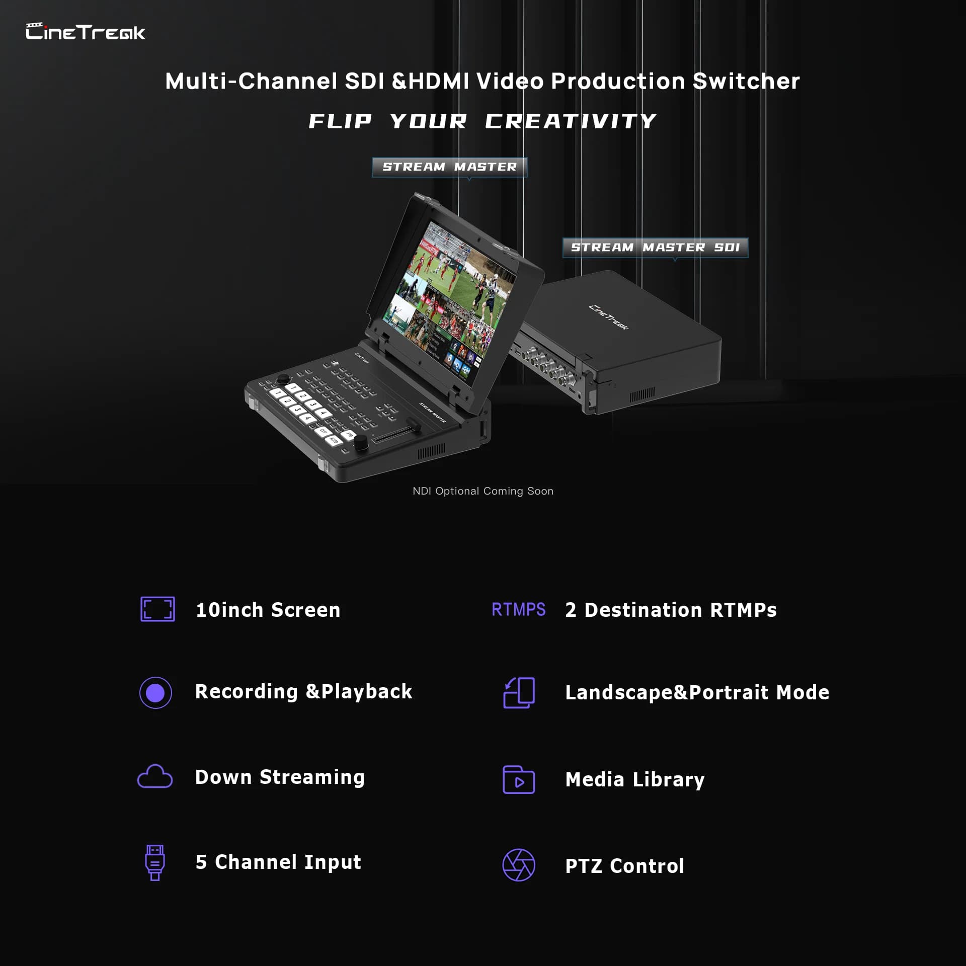 Cinetreak Stream Master 4-Channel Video Switcher with 2 RTMP Live Streaming Wireless IP Control SDI & HDMI Inputs for Production