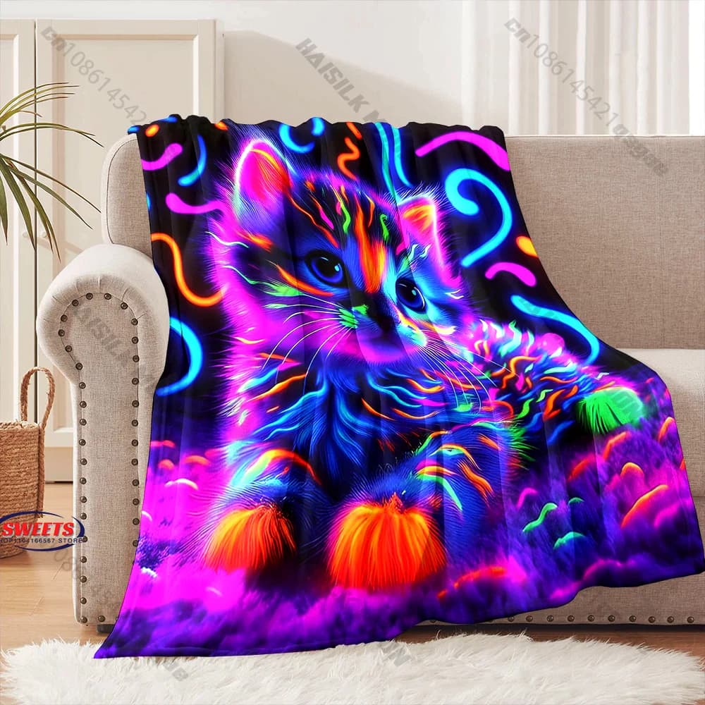 Coperta con design Neon Glow Cat, diverse misure, coperta decorativa per divano, camera da letto, soggiorno, per bambini e adulti, regalo squisito