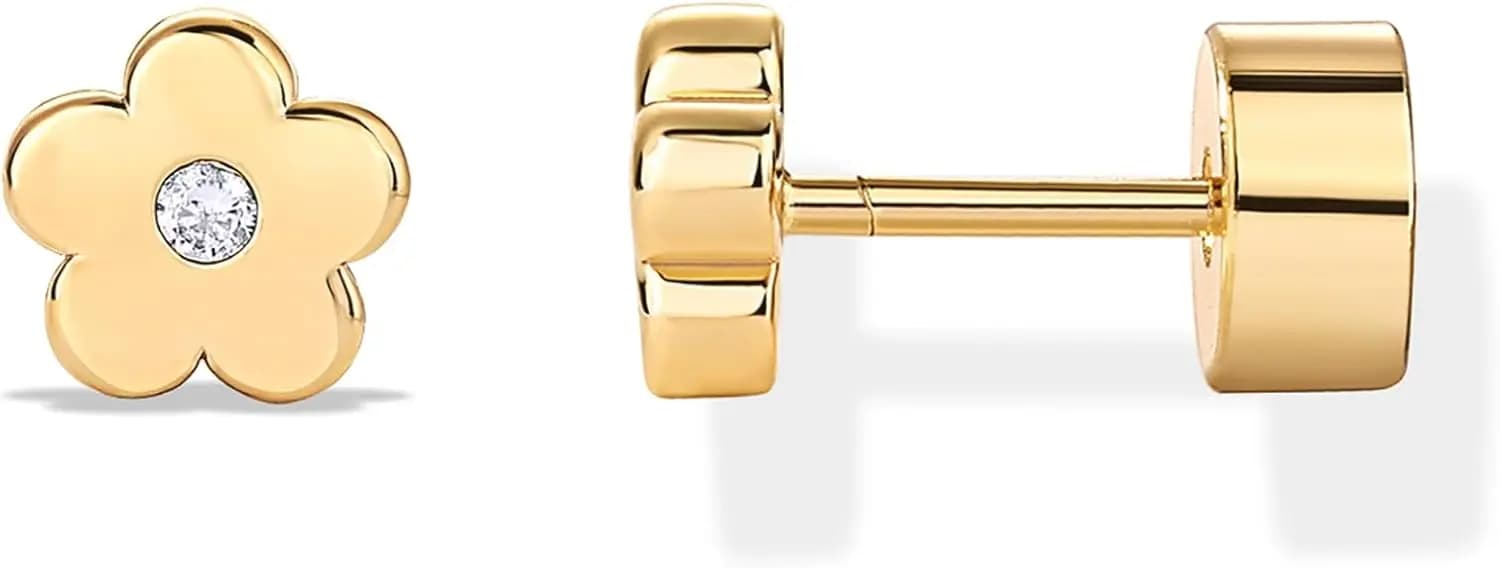 14K Gold Plated Dainty Flat Back Earrings for Women - Hypoallergenic Sterling Silver Posts Helix Cartilage Piercing Jewelry - Em