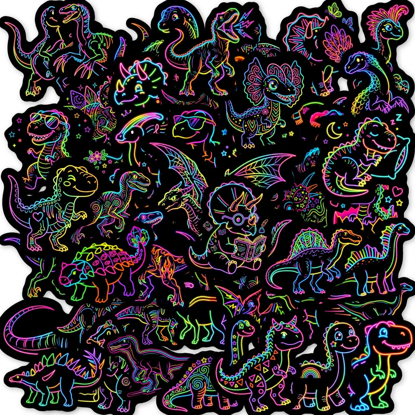 50 adesivi neon di dinosauri con sfondo nero per ragazzi, decorazioni fai da te per valigie e diari