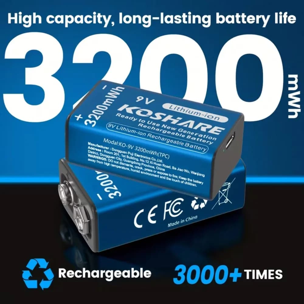 Batteria ricaricabile KOSHARE 9V 3200mWh Tipo-C Batteria al litio ad alta capacità per radio igrometro piccolo walkie-talkie con cavo