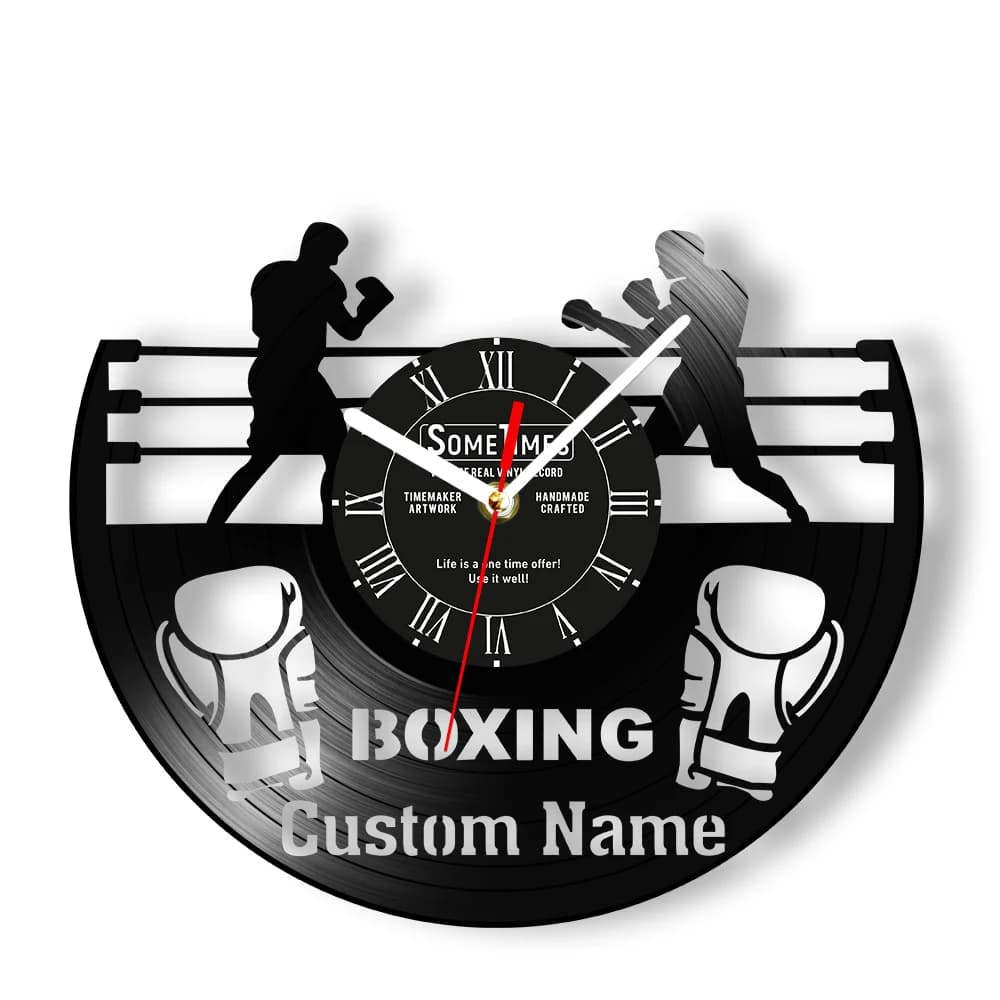 Boxing gloves artwork customizable wall clock made of real vinyl disc for gym Fitness Room boxe sport Boxer name wall clock