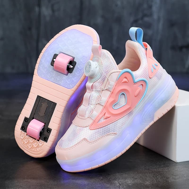 Children two girls bright wheels glowing Sneakers pink heels Led Light Roller Skate Shoes Children Led Shoes USB Charging Fashion