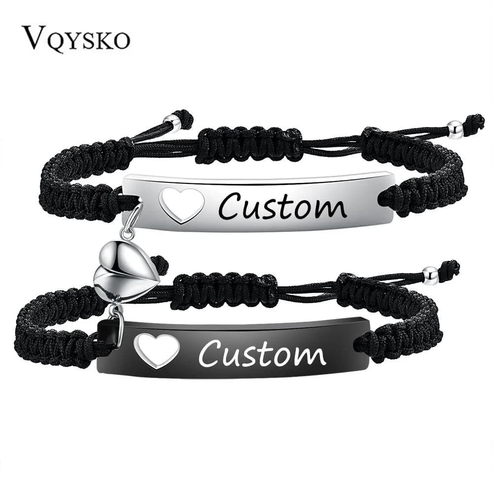 Set di braccialetti per coppia personalizzati in acciaio inossidabile intrecciato nero con bracciale ad aspirazione magnetica a cuore per accessori per gioielli da donna e uomo