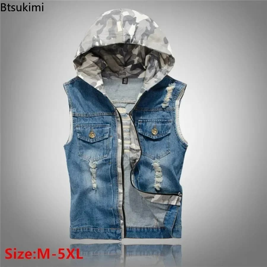 Nuovo 2026 Gilet stile coreano da uomo Moda Slim Camouflage Gilet con cappuccio Casual Sport Gilet di jeans Giacche senza maniche per uomo 5XL