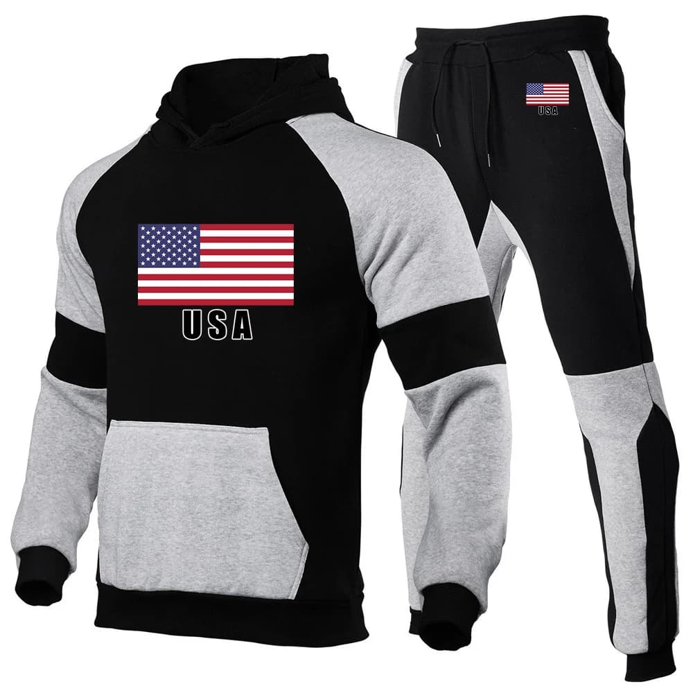 2026 USA Flag Spring And Autumn Men's New Football Team Print Fashion Patchwork Hoodies + Sports Long Pants Suit