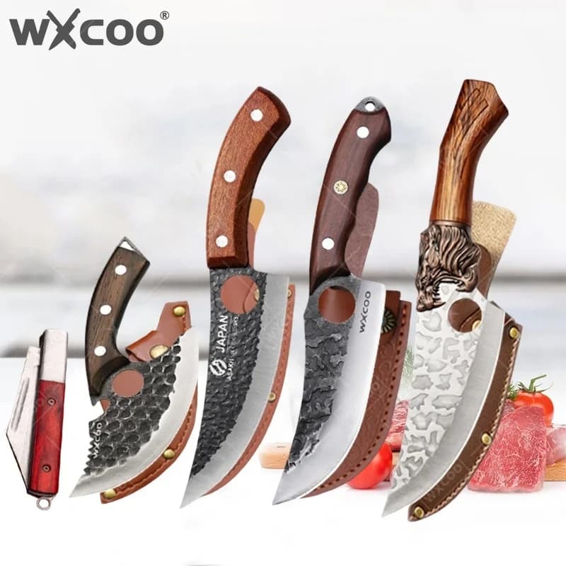 Coltello da Macellaio WXCOO Fatto a Mano, Potente Coltello da Cucina per Tagliare Carne e Ossa con Fodero, Lama Spessa per Tagliare Carne, BBQ e Agnello