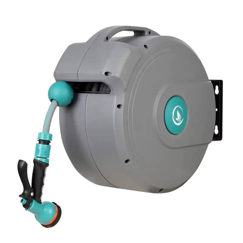 Retractable PVC Garden Hose Reel Wall Mount with Automatic Rewind, Spray Nozzle, 3/4 Inch Fitting, 1/2 Inch Hose