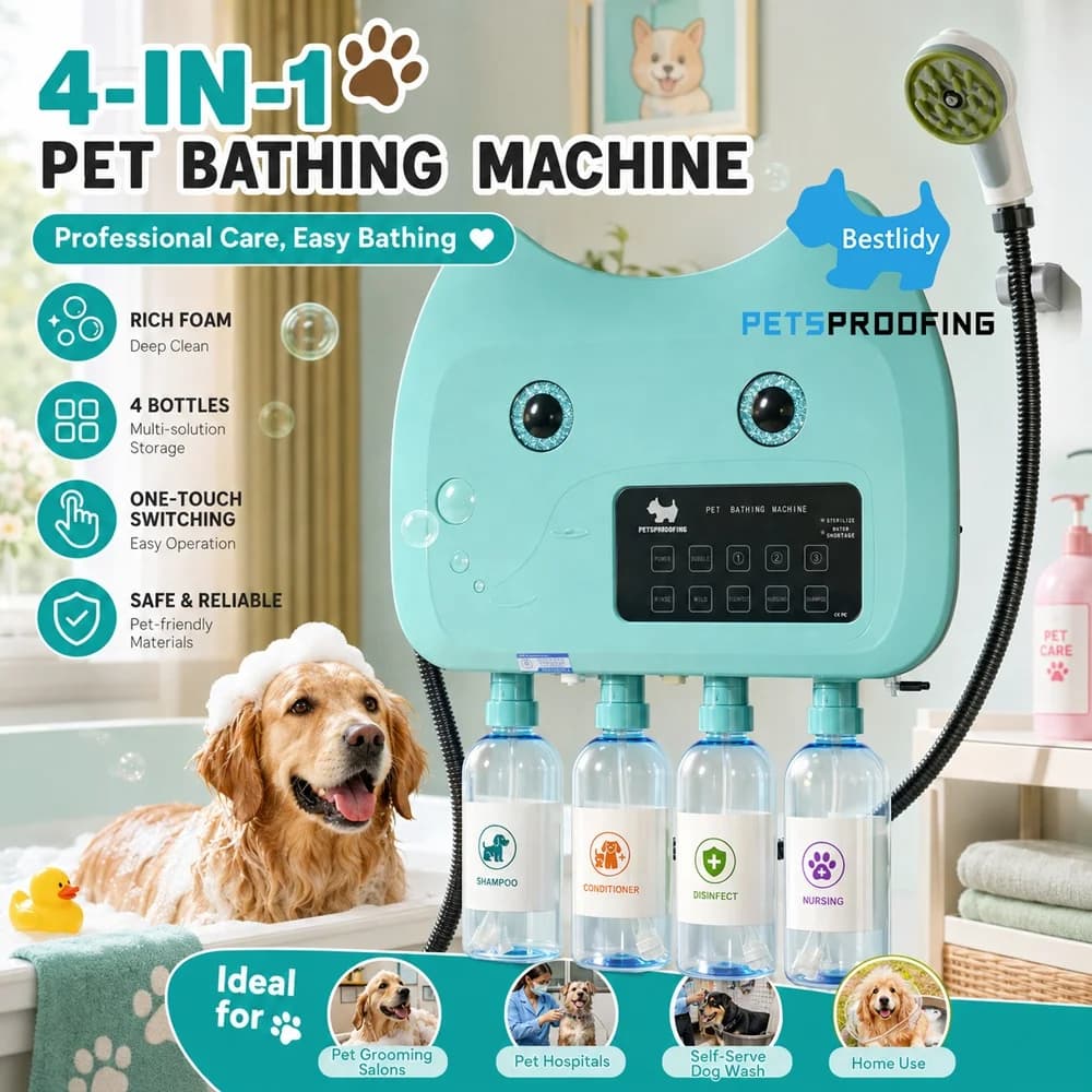 Wall Mounted Plastic Pet Bubble Bath Machine, Automatic Dog Shampoo Foam Sprayer, 4-Bottle Grooming System, Bathroom Pet Care