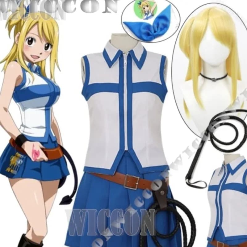 Costume Cosplay Anime FAIIRY di Lucy Heartfilia, Accessori con Coda, Frusta, Parrucca Bionda, Copricapo, Gonna, Outfit per Ragazze e Donne, Halloween, Nvidad, Carnevale