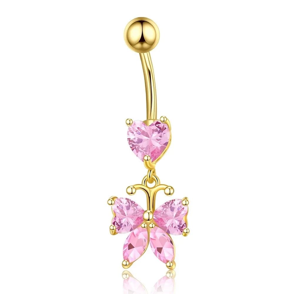 Eleganti Anelli per Ombelico a Farfalla, Delicati Piercing all'Ombelico con Zirconi, Piercing a Click per Ombelico a Forma di Cuore con Barra Curva