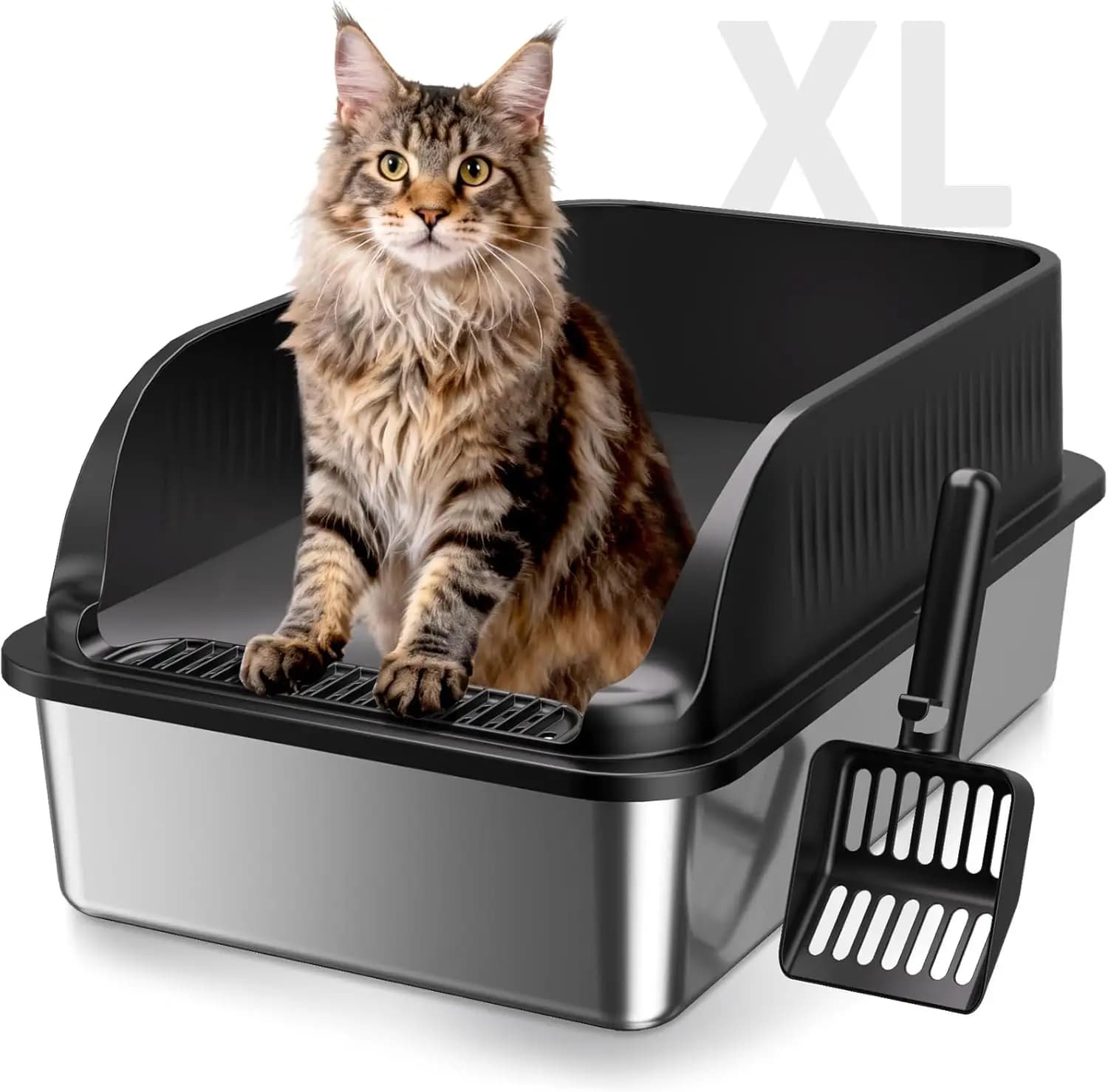Lettiera per Gatti in Acciaio Inossidabile, Extra Large XL, Senza Odori, con Coperchio e Bordi Alti, Lettiera Aperta con Paletta Inclusa
