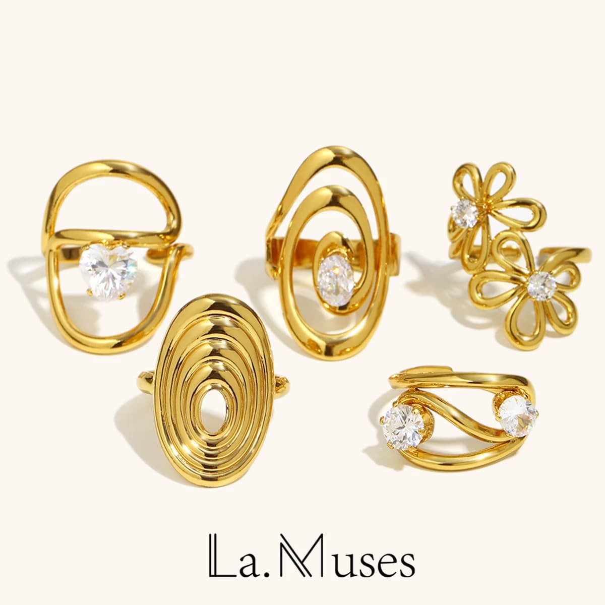 La. Muses Line Anello aperto da donna in acciaio inossidabile con zirconi a forma di fiore, placcato PVD, regalo di gioielli di moda alla moda