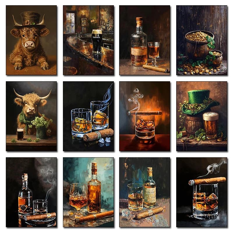 1pcs(No frame) Vintage Whiskey Cigar Kitchen Bar Still Life Art Posters Prints Canvas Painting Wall Art HD Pictures For Living