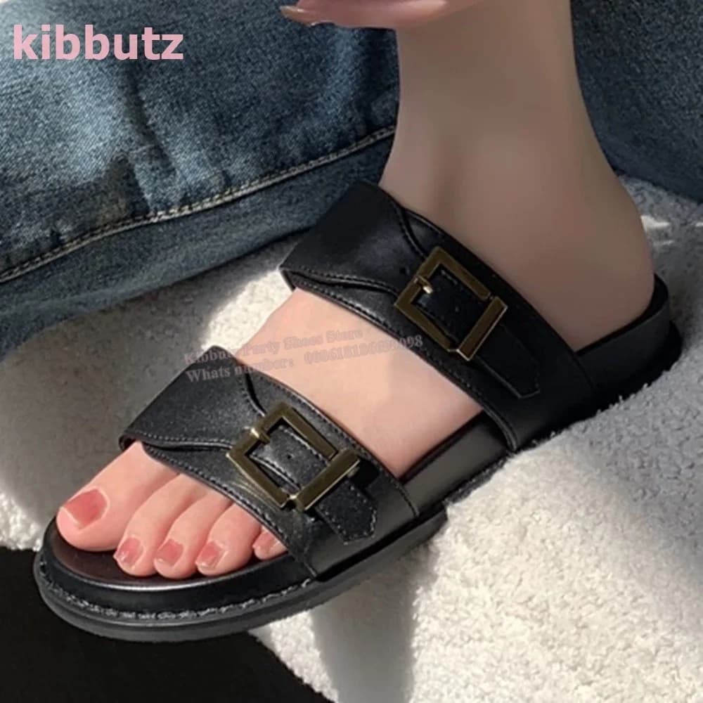 Belt Buckle Slipper Sandal Platform Rivet Genuine Leather Solid Color Round Toe Height Increasing Rock Punk Fashion Shoes Newest