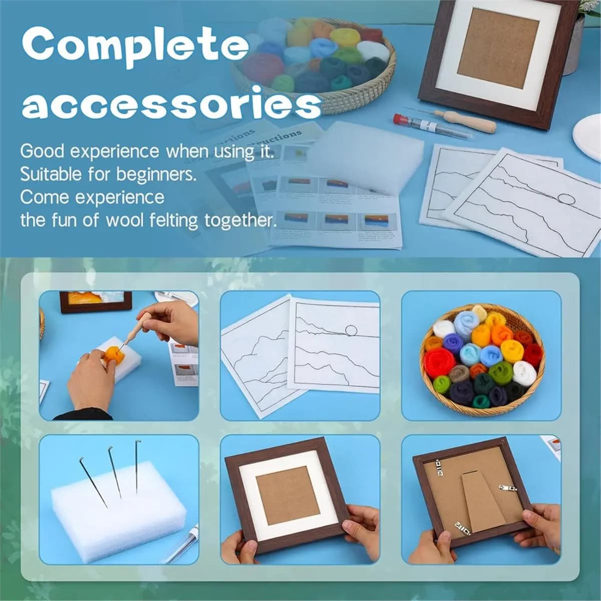 Needle felting kit for beginners, needle felt painting kit, wool mixing kit with frame, foam pad, felt cloth
