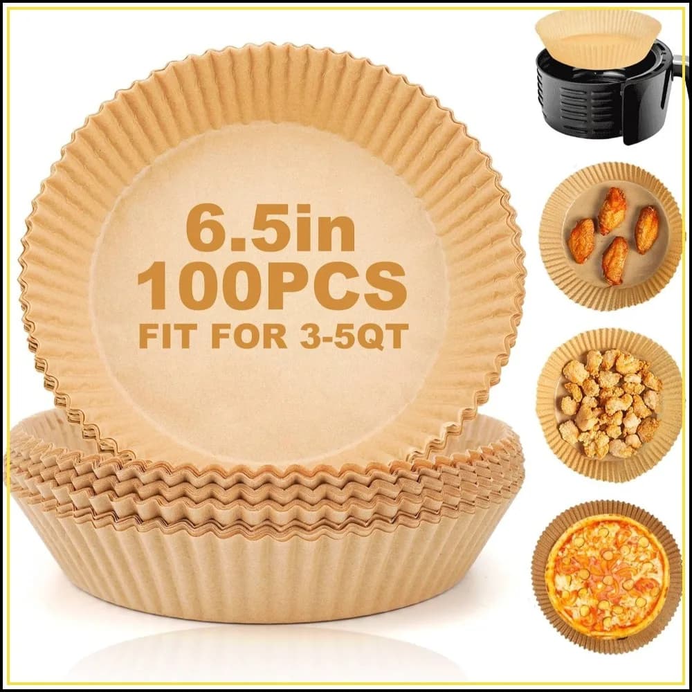 100PCS Round Air Fryer Paper Liners, Disposable Non-Stick Parchment Sheets, Grease & Waterproof, 8in Top, 6.5in Bottom, 1.8in High