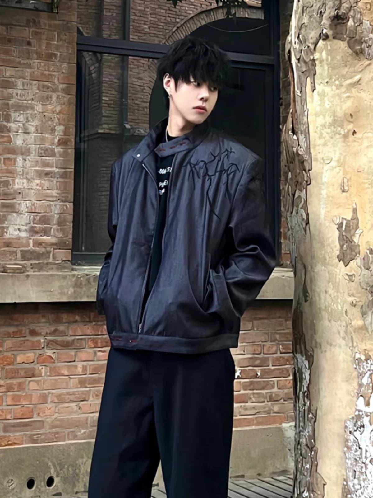 Giacca Nera con Spalline Stile Americano High Street, Colletto Rialzato con Borchie, Uniforme da Baseball, Cappotto Invernale