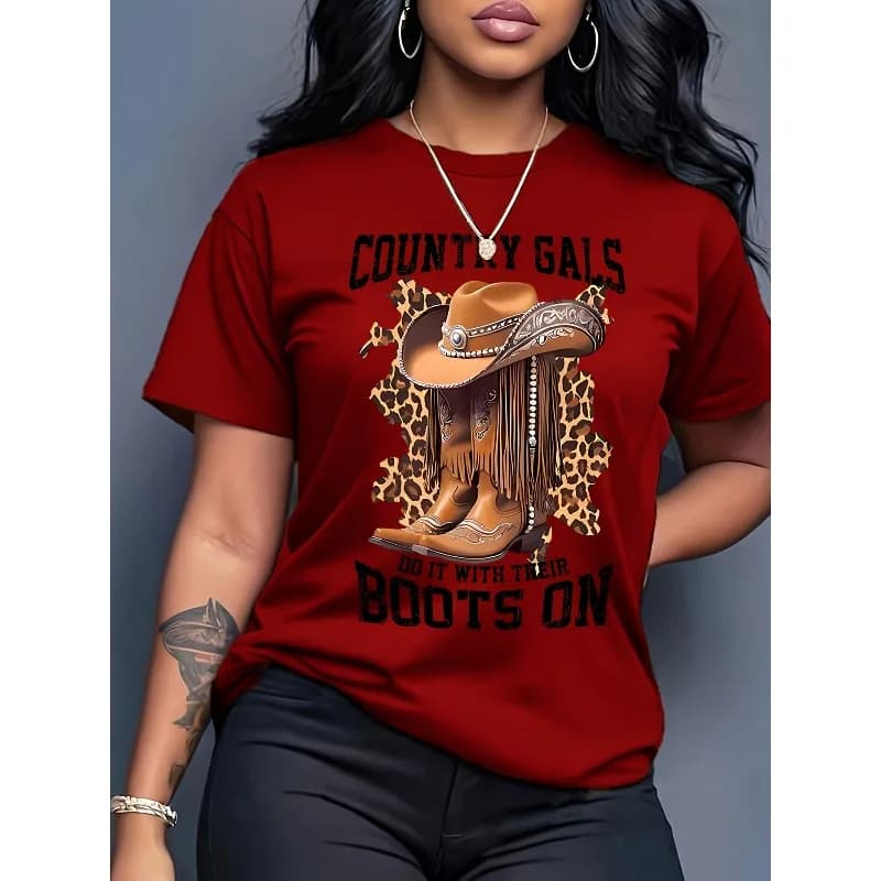 T-shirt da donna con cappello da cowboy occidentale e modello di avvio T-shirt da donna oversize casual alla moda a maniche corte quotidiana da strada girocollo