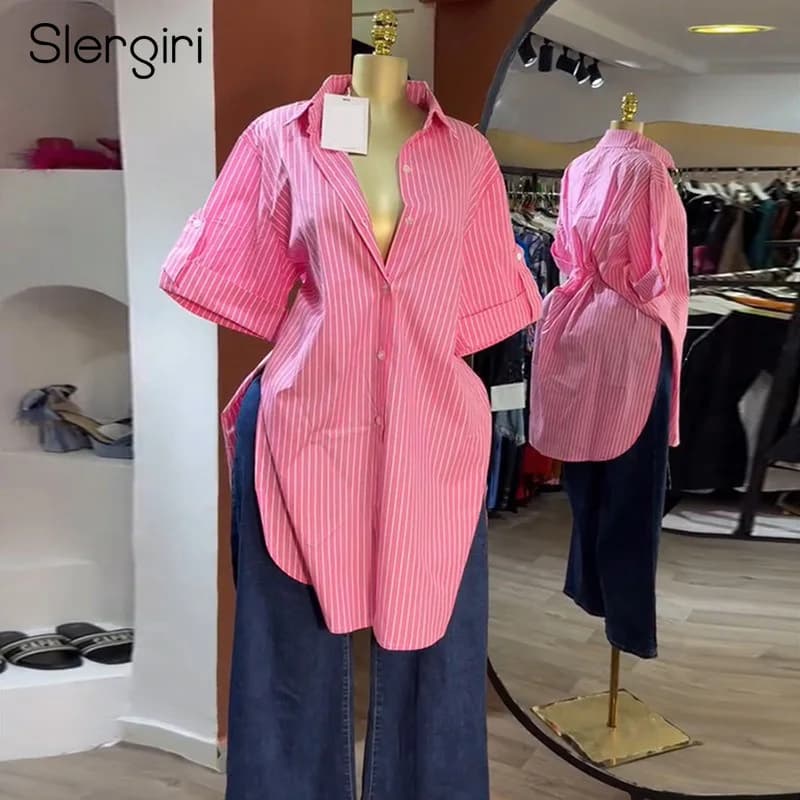 Slergiri Camicia abbottonata a maniche corte a righe da donna Top Primavera Estate Camicette lunghe casual femminili con spacco laterale alla moda coreana