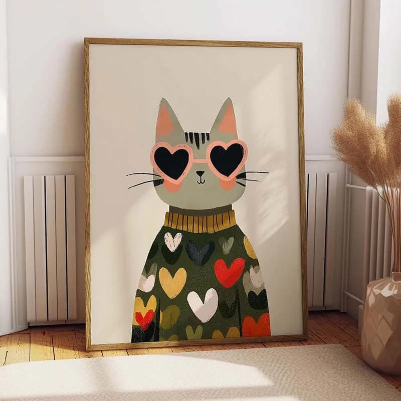 Poster da parete Boho Heart Cat, illustrazione di gatto carino, stampa su tela, immagine di cartone animato per la decorazione della camera dei bambini, senza cornice