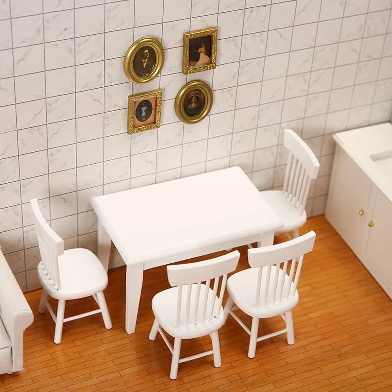 Mobili per case delle bambole in miniatura Tavolo da pranzo e sedia in legno 1/12 Micro House Decorazione classica Accessori per bambole Regalo fai da te