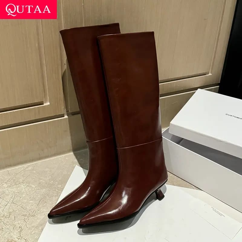 QUTAA Fashion novelty Women's Knee Boots Pointe toe Winter Women's Shoes High heels Long boots in cow leather Black Size 34-40