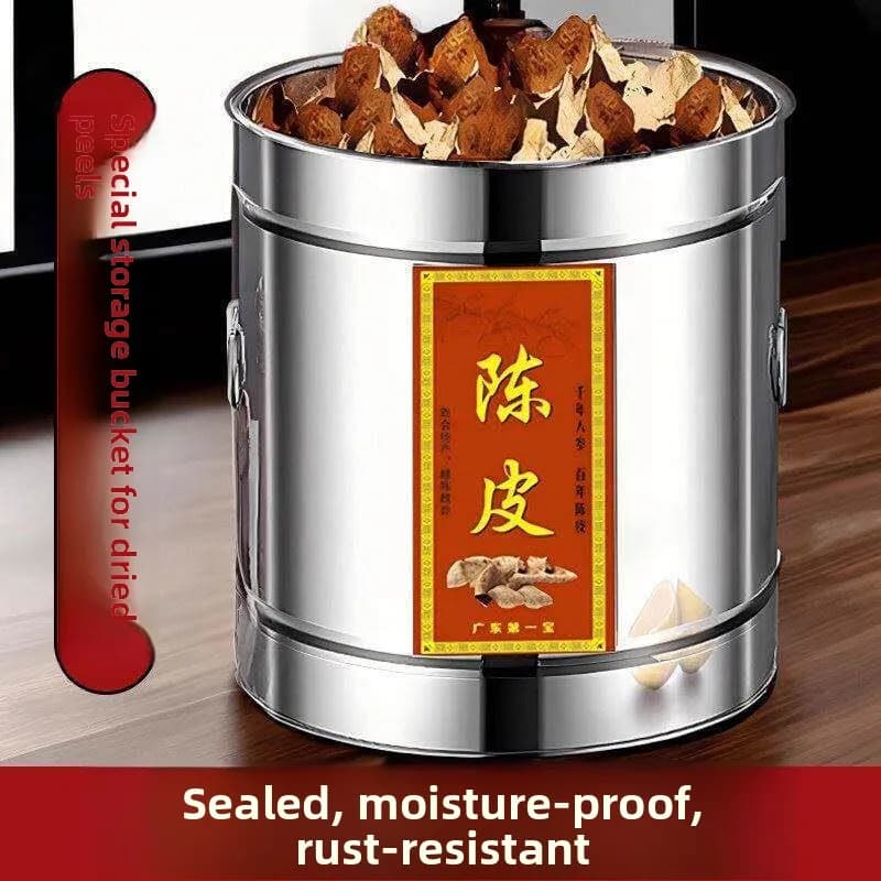Stainless Steel Sealed Storage Bucket for Dried Orange Peels Fruit Peels Aged Tea Storage Traditional round Cylinder Kitchen