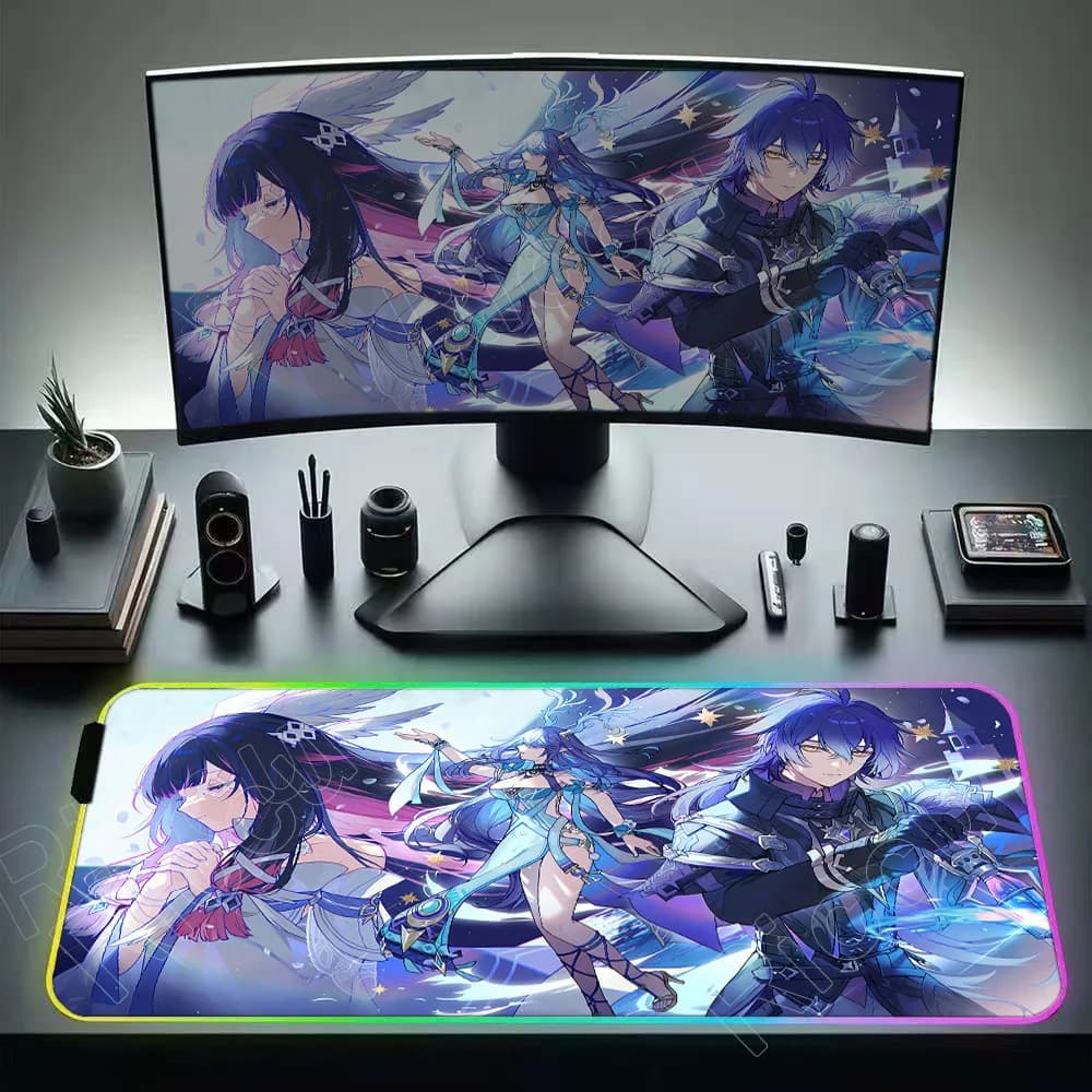 Anime RGB Tappetino da scrivania Genshin Impact Tappetino per mouse Columbina Gioco Mousepad Gaming 900 × 400mm Tappetino per tastiera in gomma antiscivolo Tappetino per mouse grande