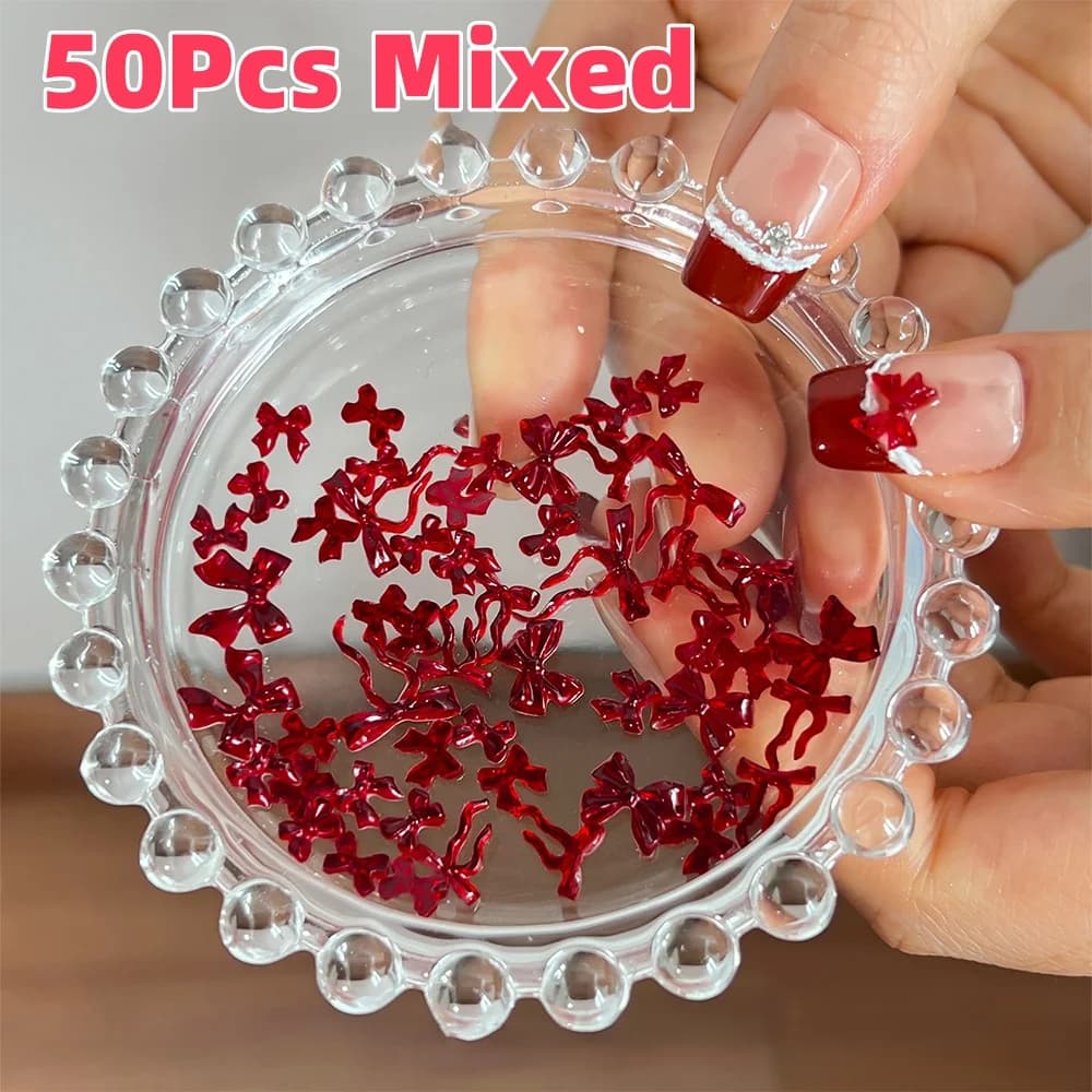 50 Pezzi Mini Fiocchi 3D Rossi/Marroni per Unghie, Decorazioni in Resina a Forme Miste per Nail Art, Accessori Fai-da-Te per Fermagli per Capelli e Manicure
