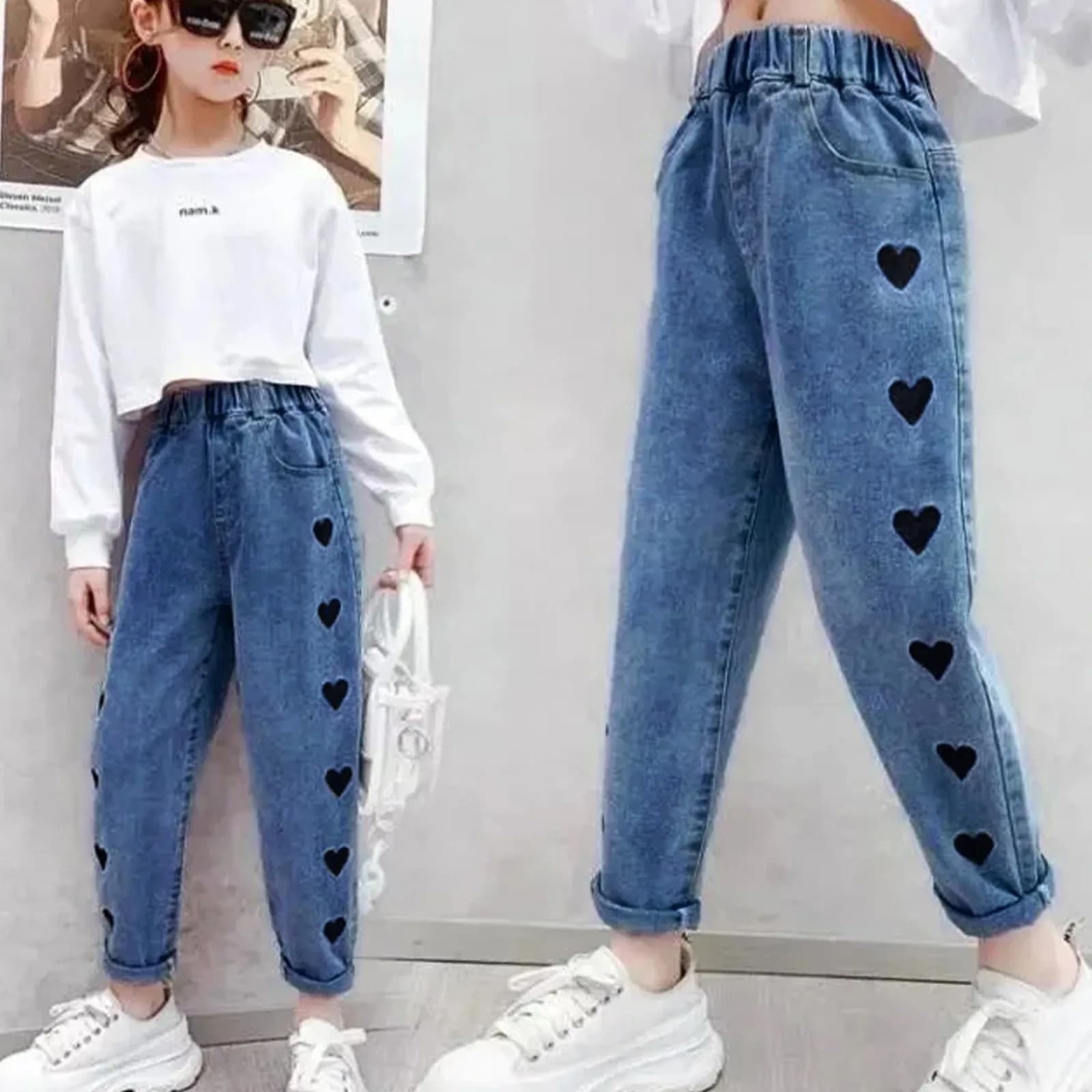 Jeans con Ricamo a Cuore per Bambine, Pantaloni Casual con Elastico in Vita e Tasche, Morbidi Pantaloni Lunghi con Caviglia Arricciata per Uso Quotidiano