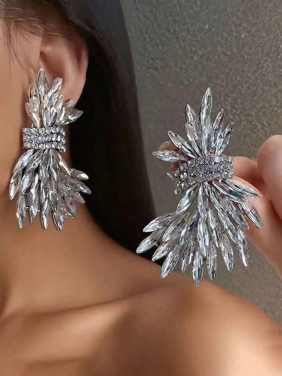 1 Pair Crystal Leaf Exaggerated Luxury Wedding Earrings, Rhinestone Glamorous Party & Daily Wear Jewelry Gift For Women