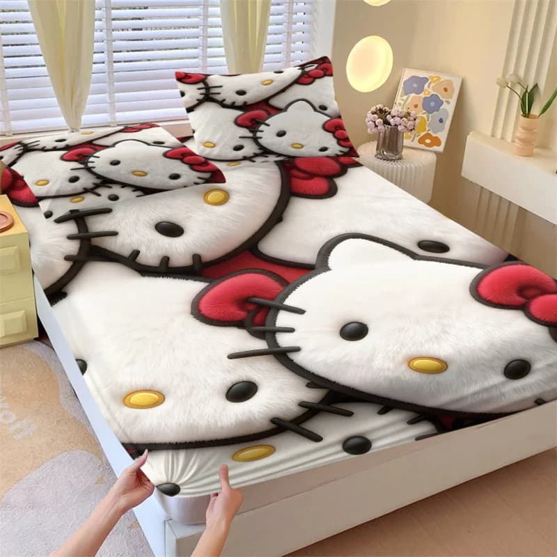 Set di lenzuola con fiocco rosso Hello Kitty da 3 pezzi con 2 federe, biancheria da letto in microfibra morbida e traspirante antiscivolo per bambini, ragazze, adolescenti
