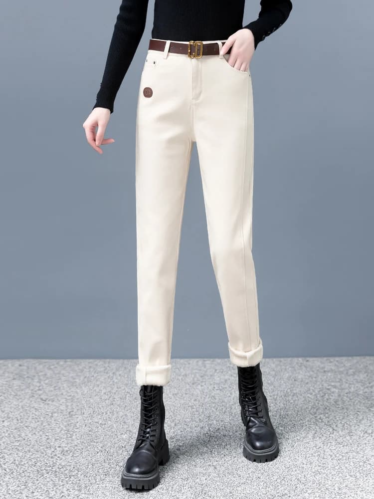Thickened Fleece High Waist Slimming Casual Jeans Women's Autumn Winter New Style Harlan Pants Small Foot Loose Fit Jeans
