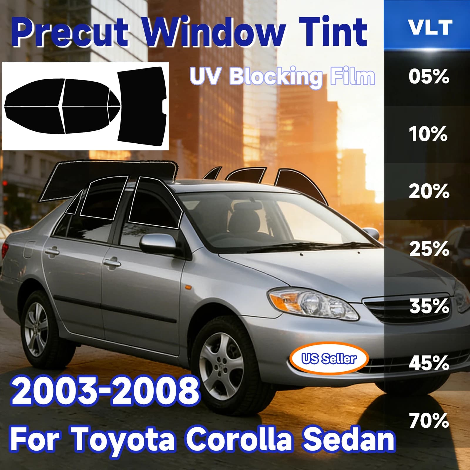 PreCut Window Tint Car For Toyota Corolla 2003-2008 All Sides Sun UV-IR Blocking Heat & Glare 2Ply Window Protector Films Shade