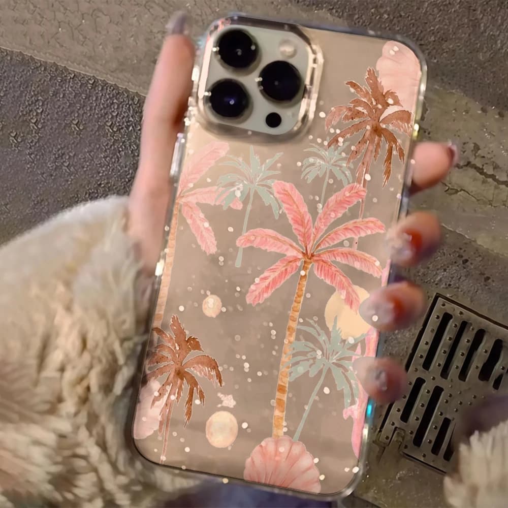 Beach coconut trees Clear Glitter Phone Case For iPhone 17 15 13 16 12 11 14 Pro Max 17 Air XR X 16e Cases Shockproof INS Cover