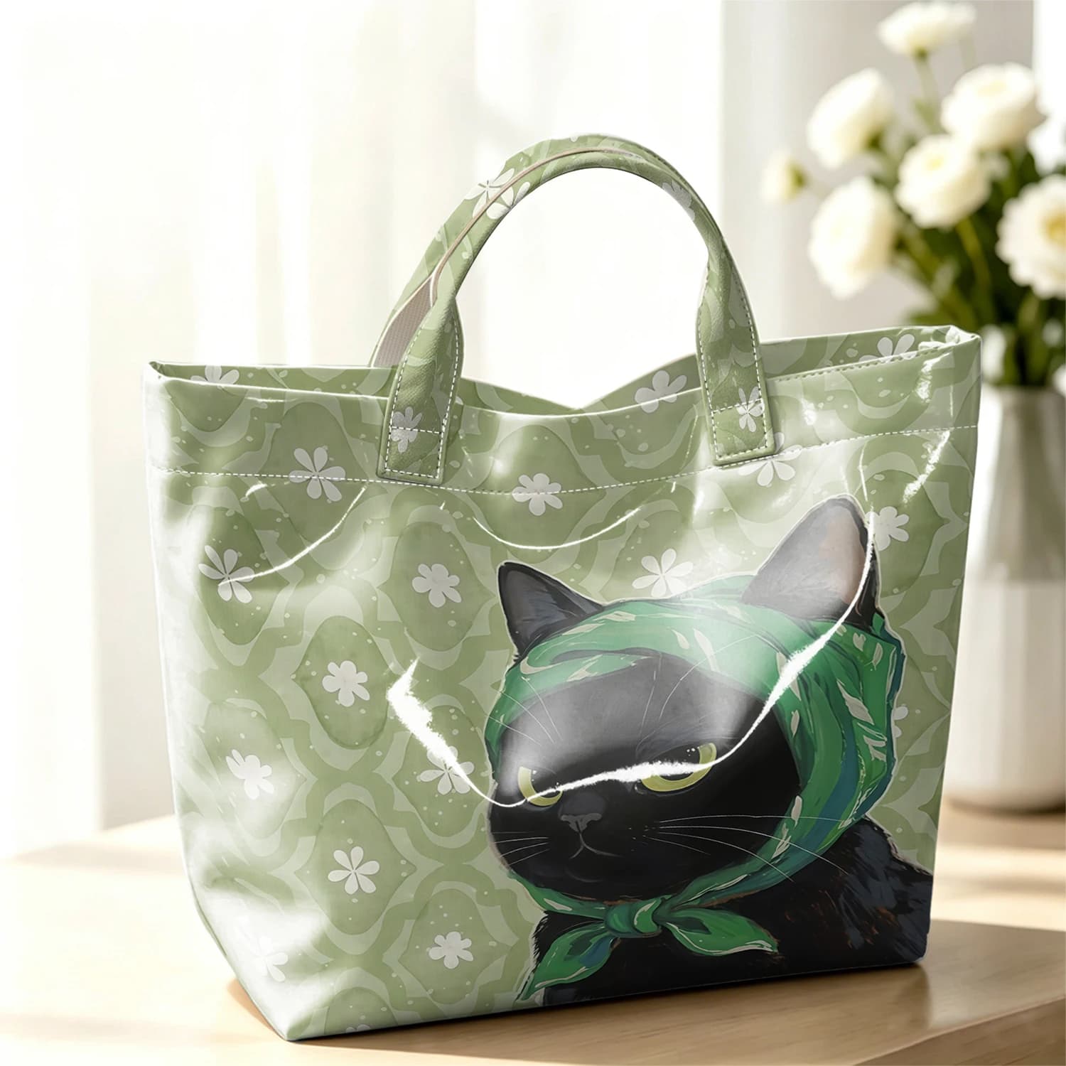 Olive Scarf Black Cat Hot Sale Large Glossy PVC Tote Bag Hand Washable Waterproof for Travel Commute Makeup Storage Handbags