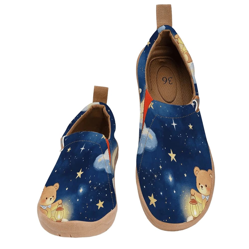 Women's Wide Toe Box Starry Sky Moon Bear Rabbit Cartoon Print Slip‑On Shoes, Soft Sole Breathable Canvas Casual Walking Flats