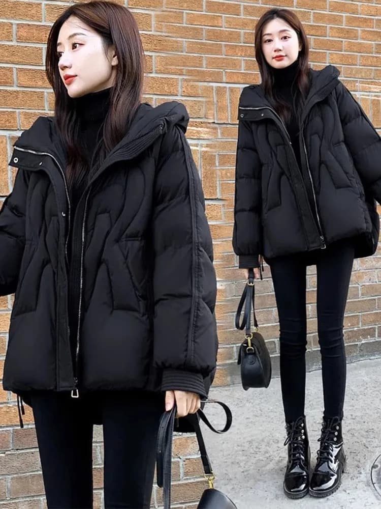 Women's down Cotton Jacket Winter Thickened Medium Length Coat Sweet Style Loose Fit Printed Inner China Made Zipper Closure