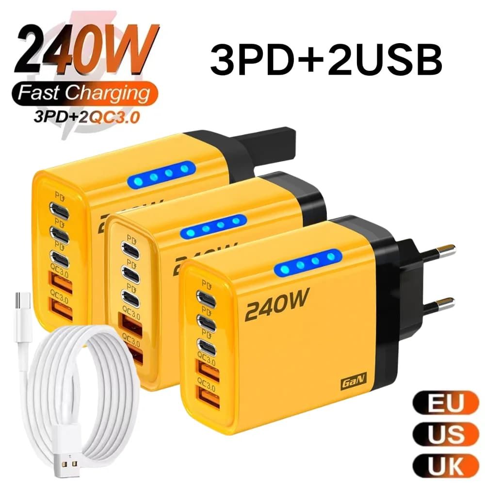 Caricatore USB GaN PD 240W Tipo C Caricatore a ricarica rapida per iPhone Samsung Huawei Xiaomi Oneplus Adattatore multiporta a ricarica rapida