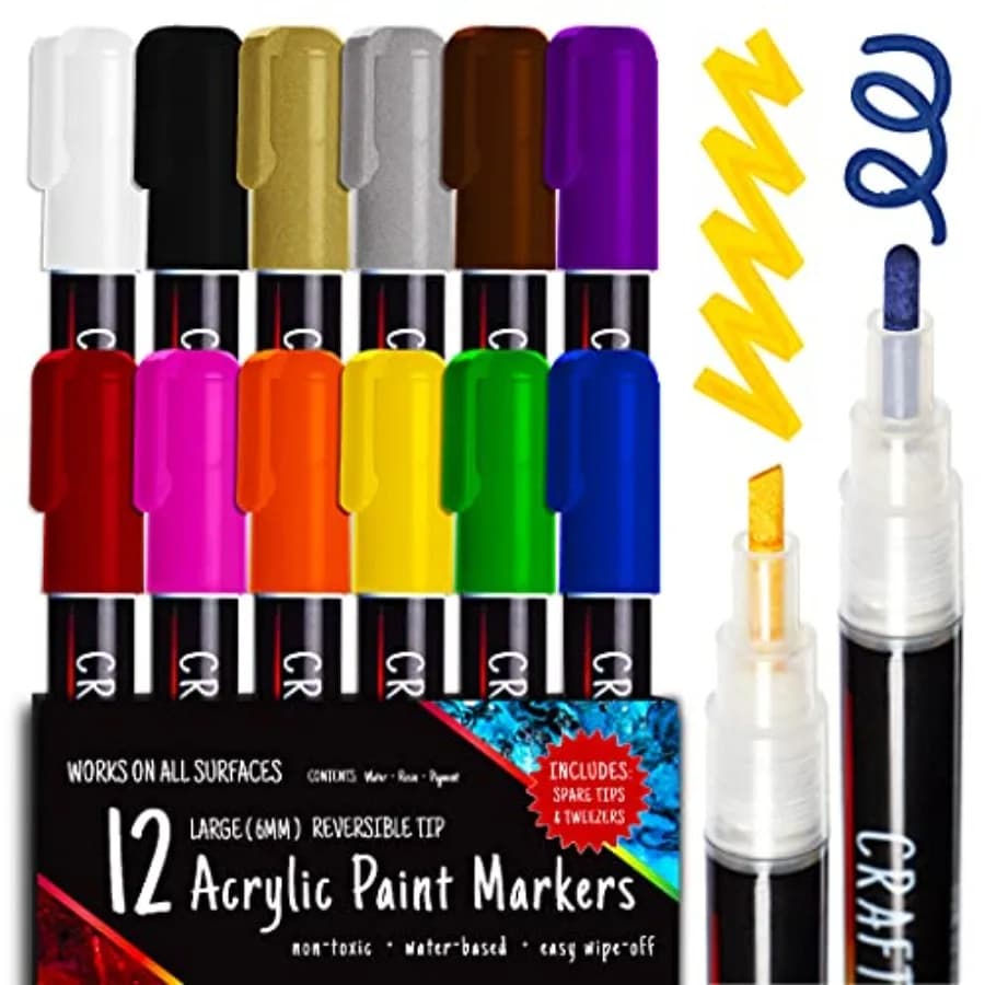 Acrylic Paint Markers Set - 12, Broad Tip -Tip Acrylic Paint Pens for Rock Painting, Glass, Wood, Canvas and Fabric - Non-Toxic