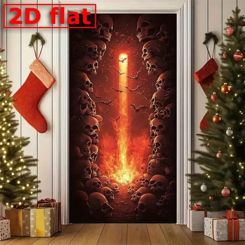 【2D flat banner】 Door width banner Door fabric curtain Hell skull bat pattern Halloween decoration