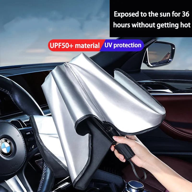 Car umbrella to be mounted on the front windscreen, solar protection, insulating, portable and available.