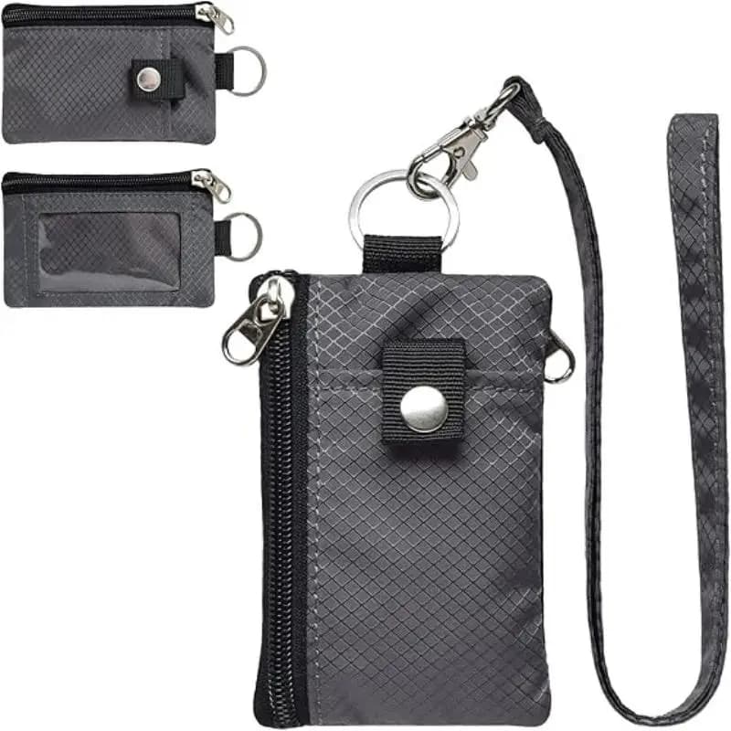 Porta badge con finestra identificativa Portafoglio piccolo Portafoglio portachiavi da viaggio antifurto impermeabile Portafoglio da uomo con cordino per carte con zip sottile
