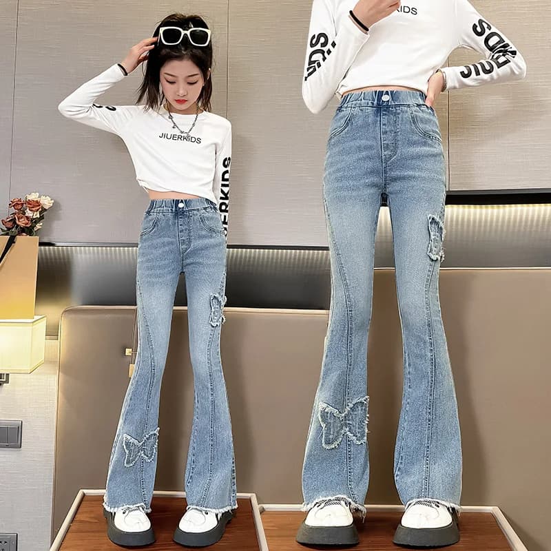 Jeans svasati slim fit per bambini eleganti con farfalle per ragazze adolescenti Pantaloni in denim bootcut stile street fashion Pantaloni per bambini